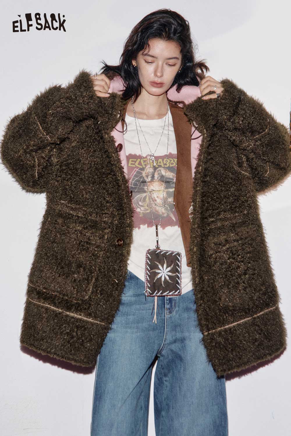 ELFSACK Fuzzy Sherpa-lined Hooded Oversized Cotton Long Jacket