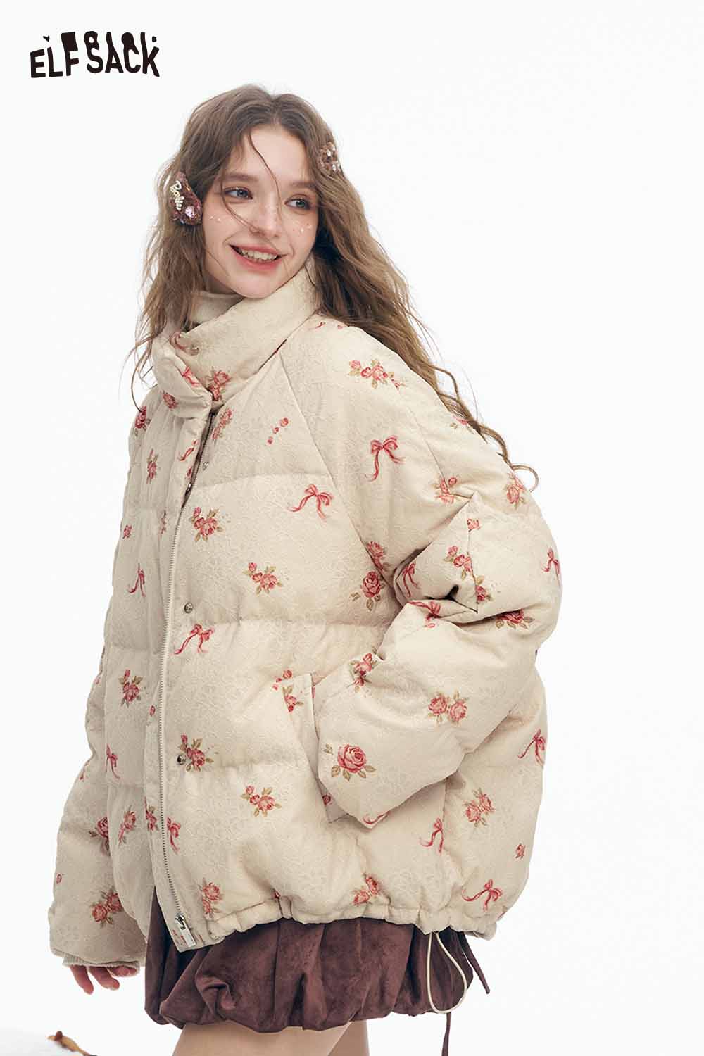 ELFSACK Soft Solid Graphic Half High Stand Collar Down Jacket