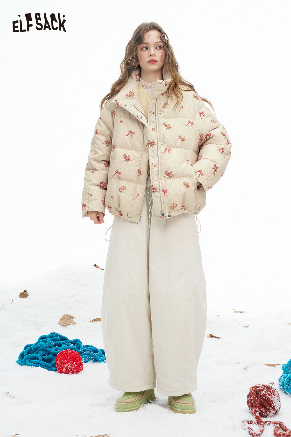 ELFSACK Soft Solid Graphic Half High Stand Collar Down Jacket