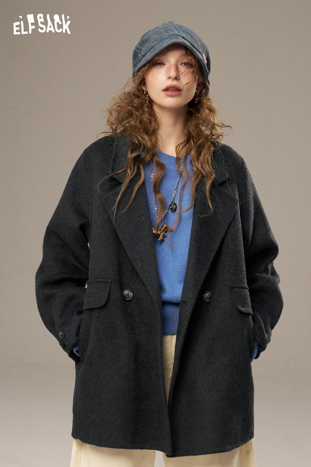 ELFSACK Soft No Pattern Solid Color Short Coat