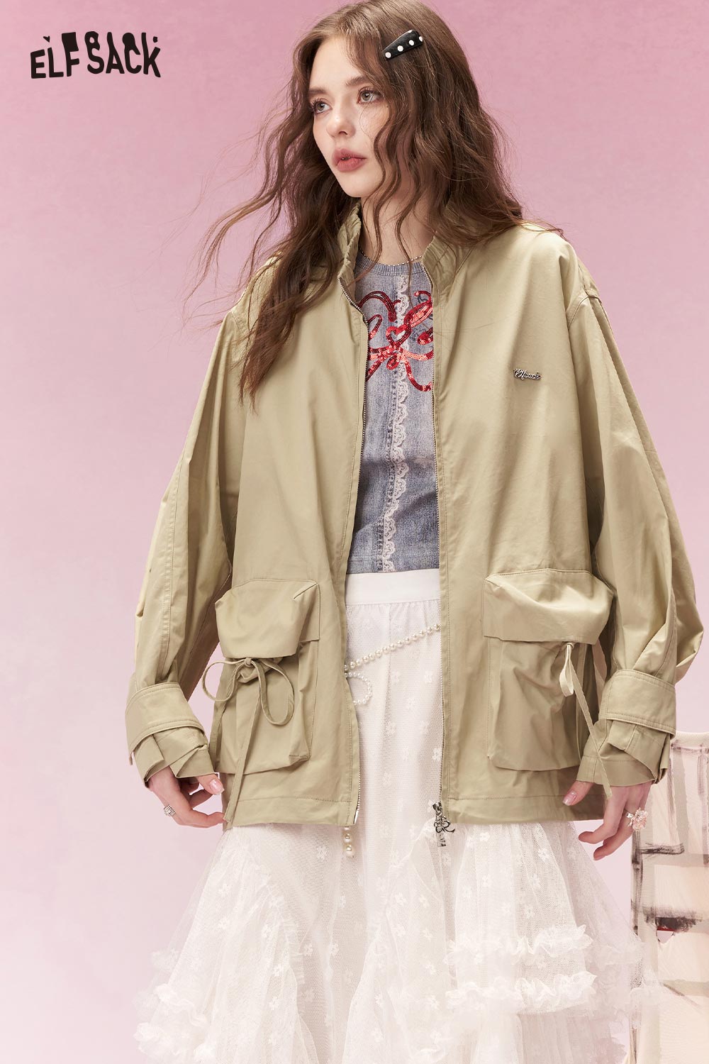 ELFSACK Techwear Drawstring Pocket Stand Collar Loose Fit Cargo Trench Coat