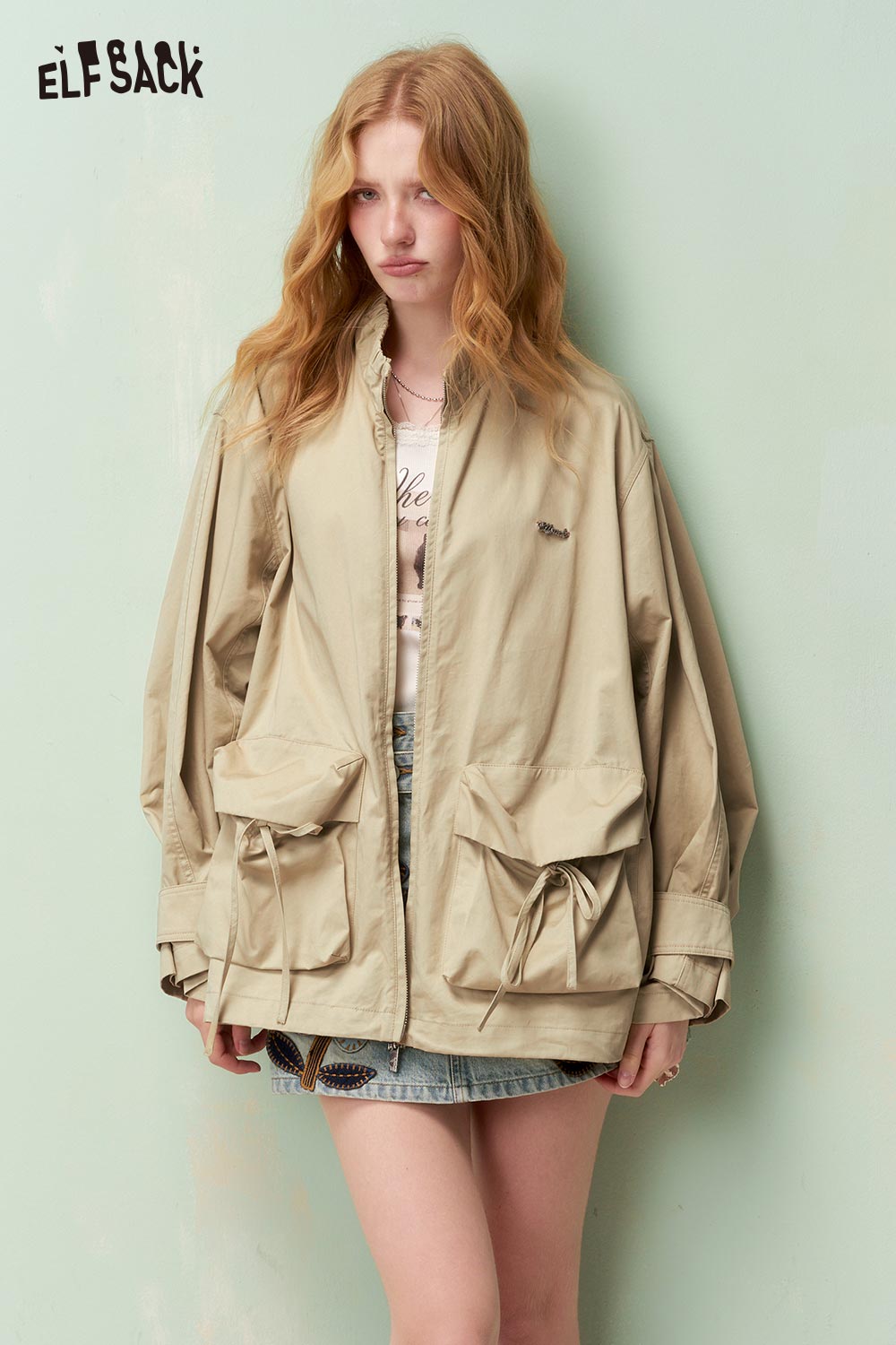 ELFSACK Techwear Drawstring Pocket Stand Collar Loose Fit Cargo Trench Coat