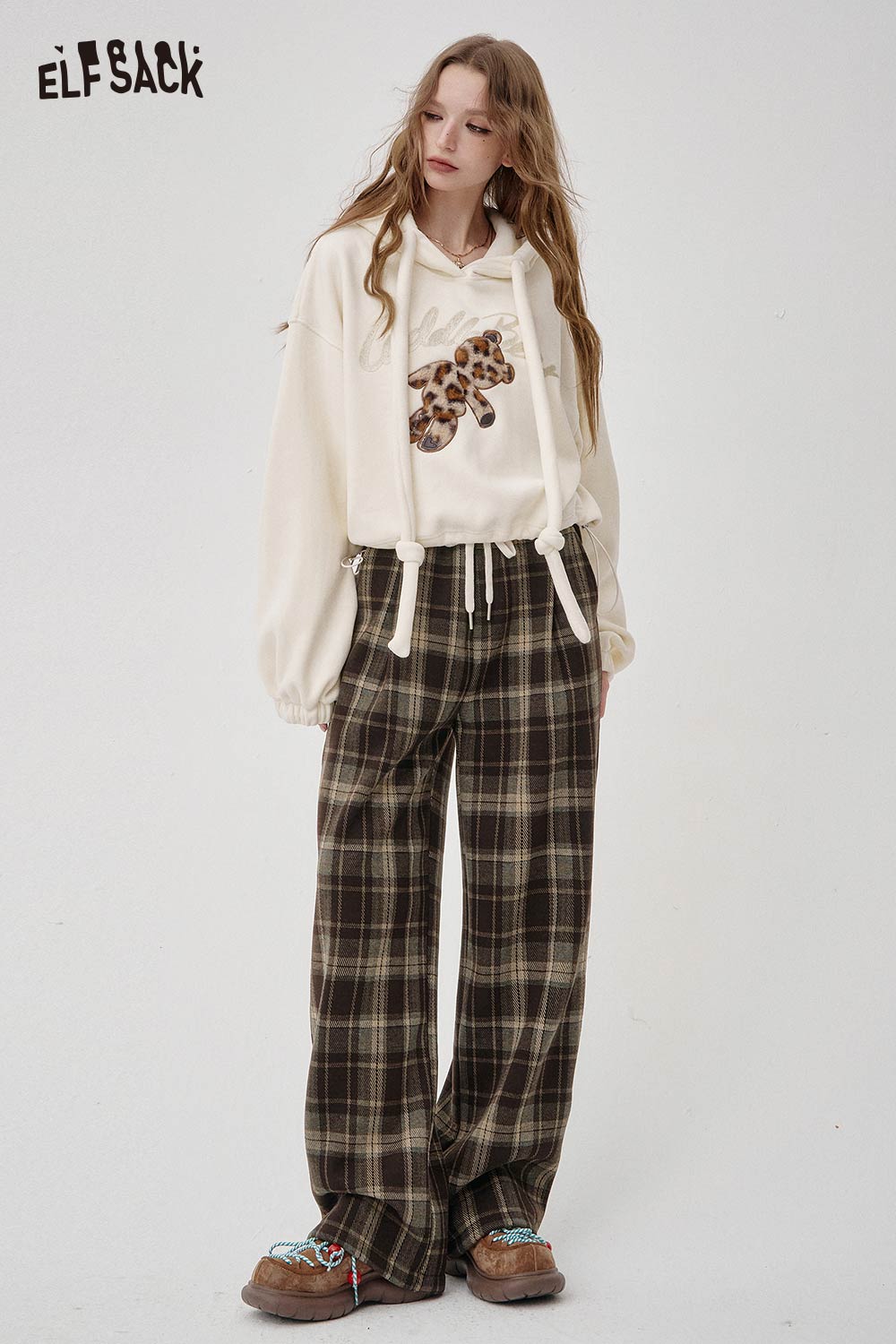 ELFSACK soft brown wide lge checkered long pants