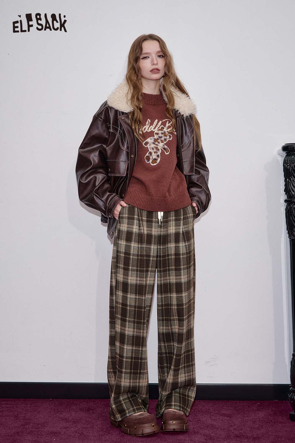 ELFSACK soft brown wide lge checkered long pants