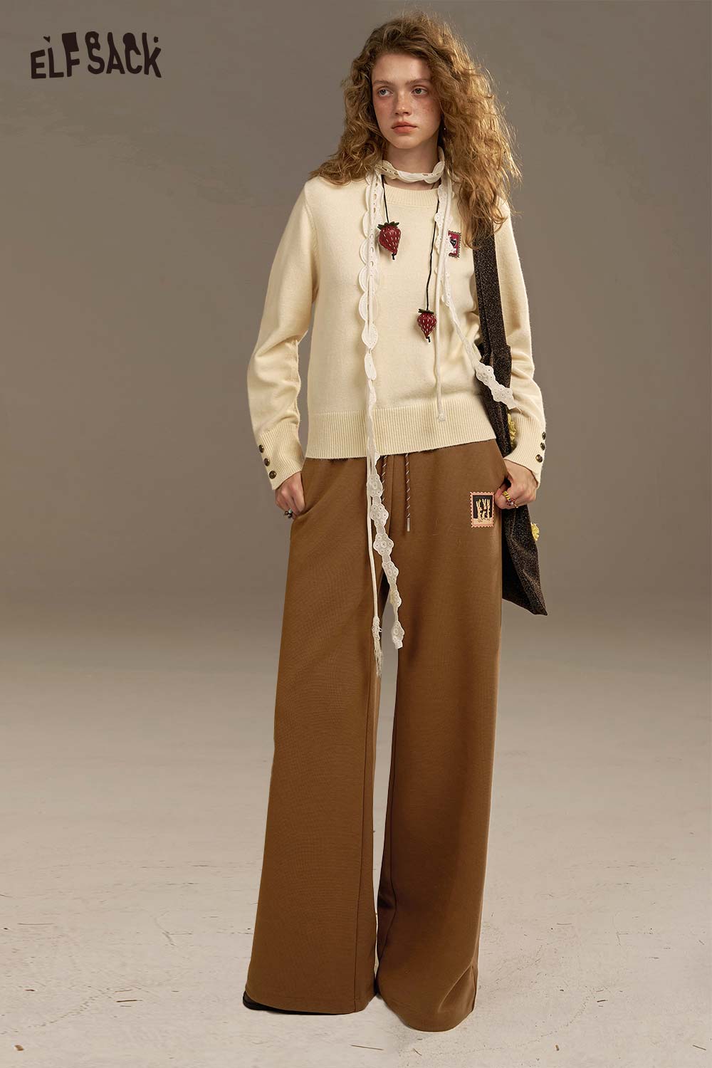 ELFSACK Soft Stamp Style Printing Straight Leg Wide Leg Sweat Pants