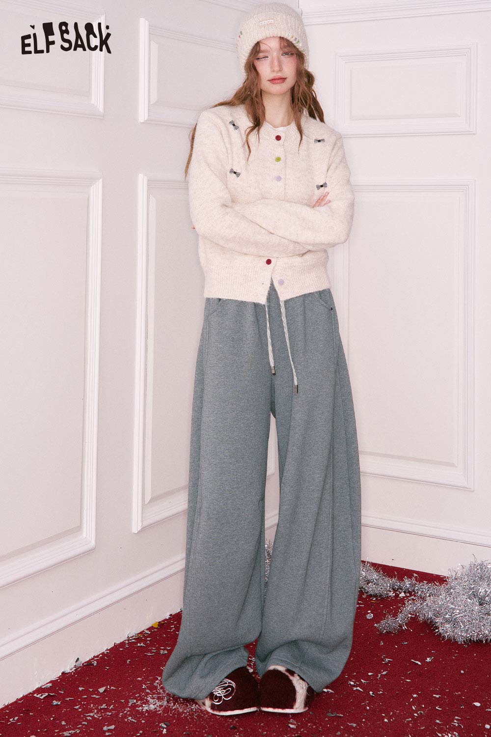 ELFSACK Casual Loose Solid Tie Wide Leg Sweatpants