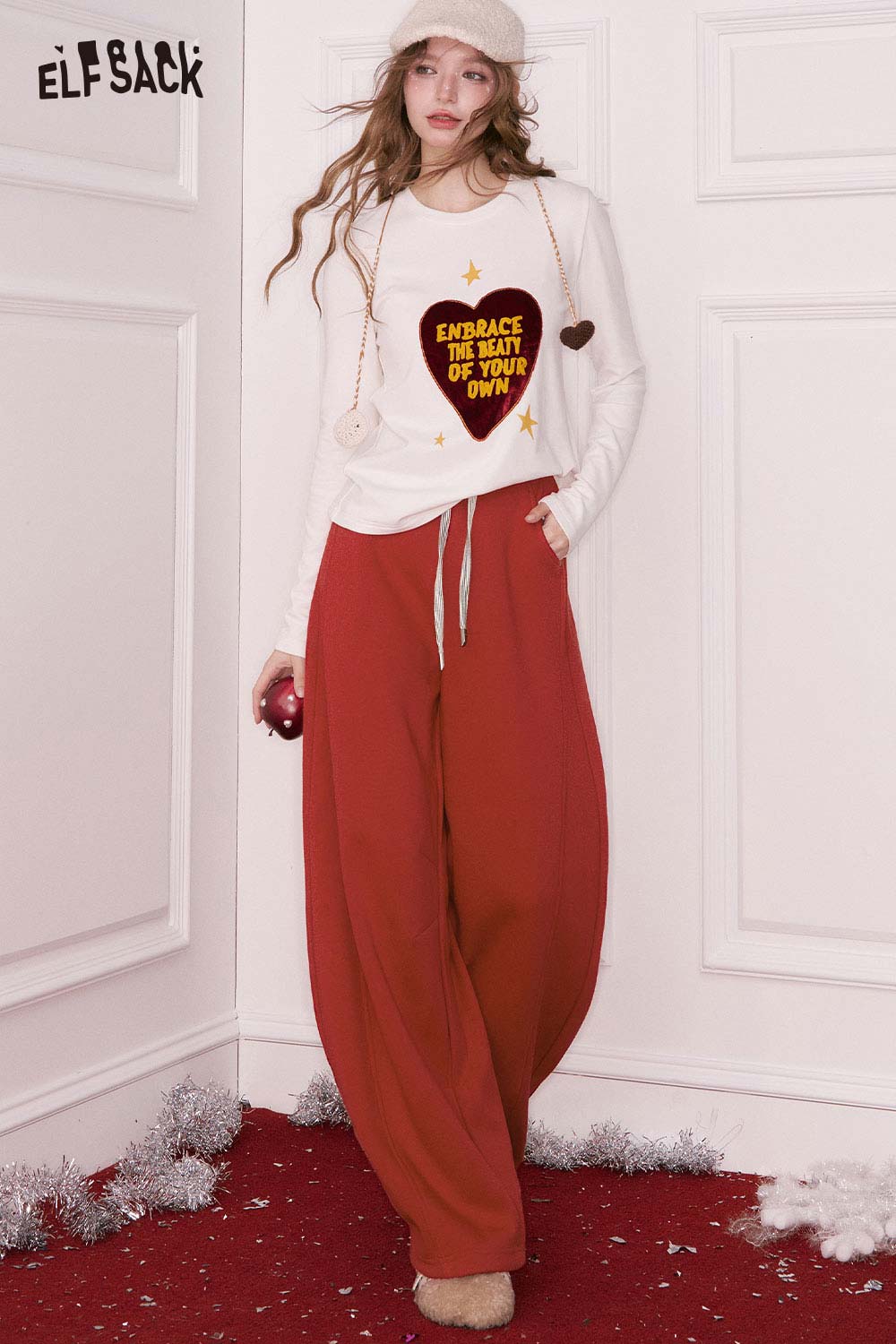 ELFSACK Casual Loose Solid Tie Wide Leg Sweatpants
