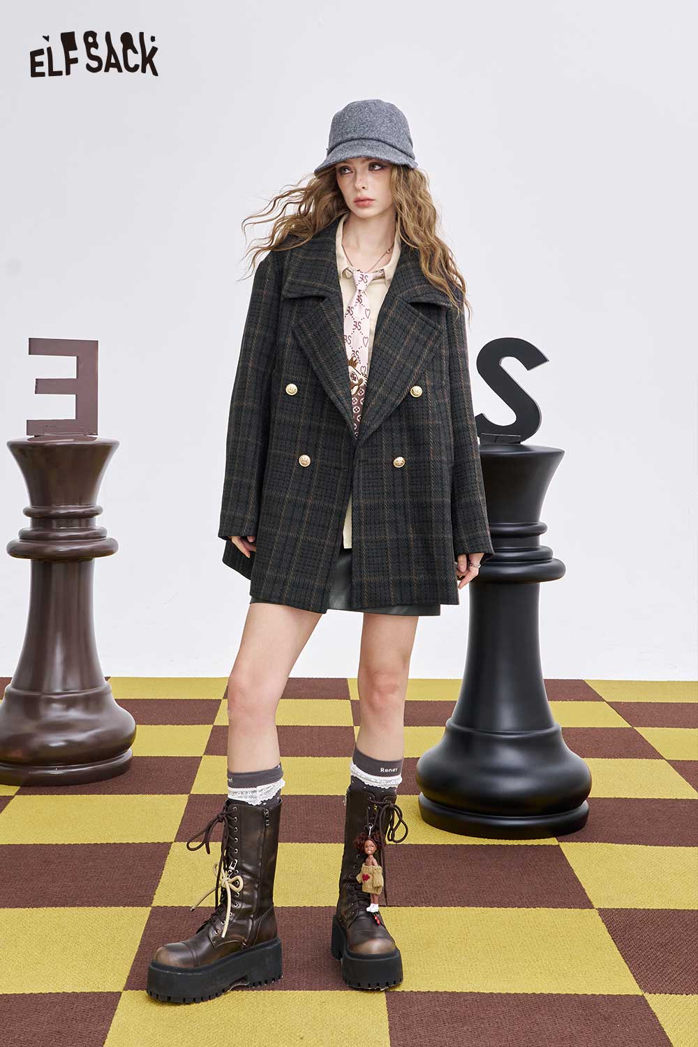 ELFSACK Soft Golden Button Wool Blend Coat