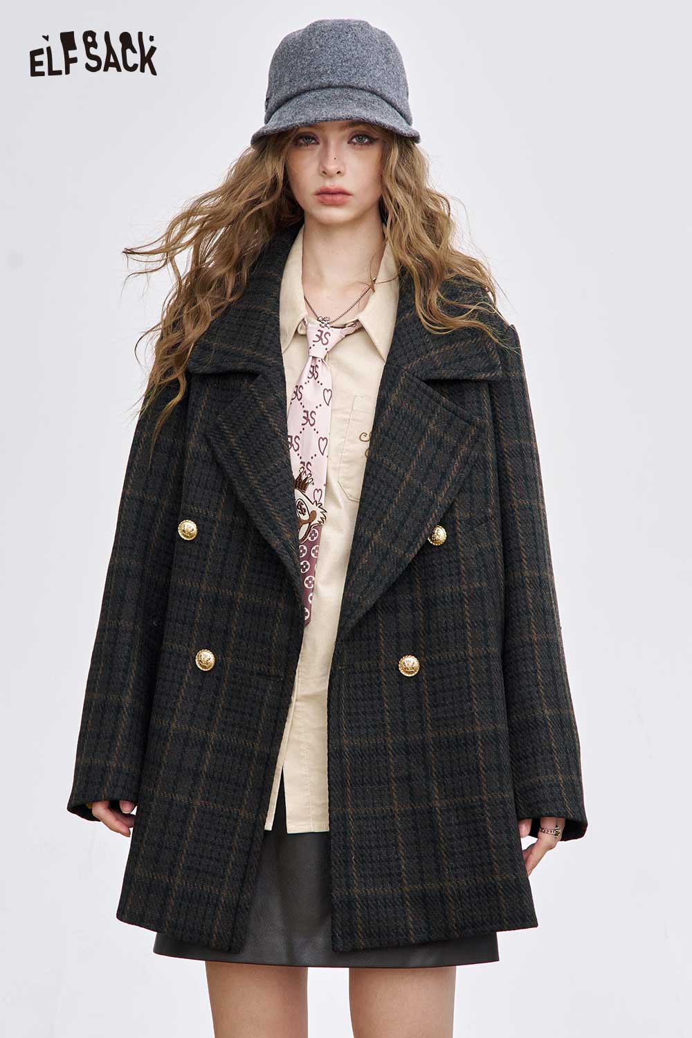 ELFSACK Soft Golden Button Wool Blend Coat