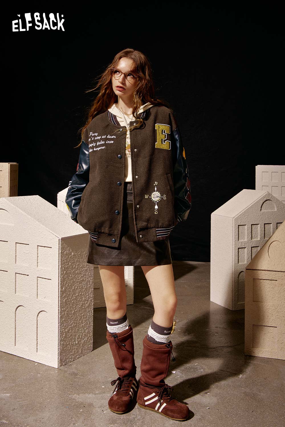 ELFSACK Soft Graphic Panel Sleeve Wool Blend Coat