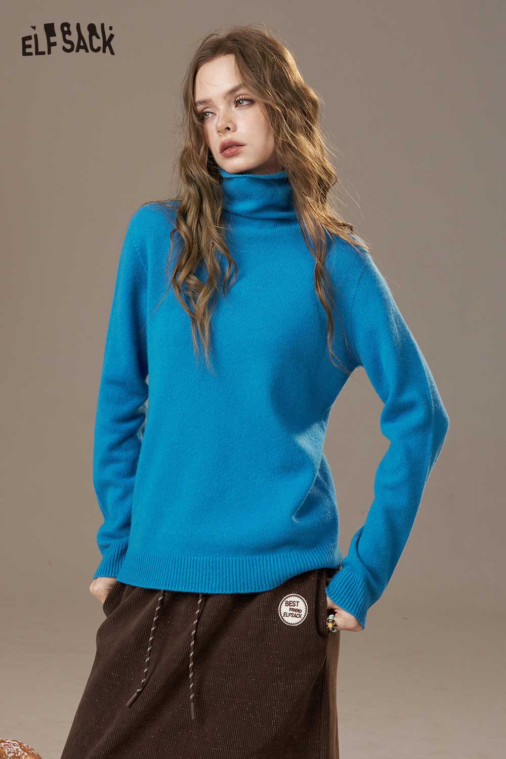 ELFSACK Soft Wool Turtleneck Sweater Solid Color Versatile