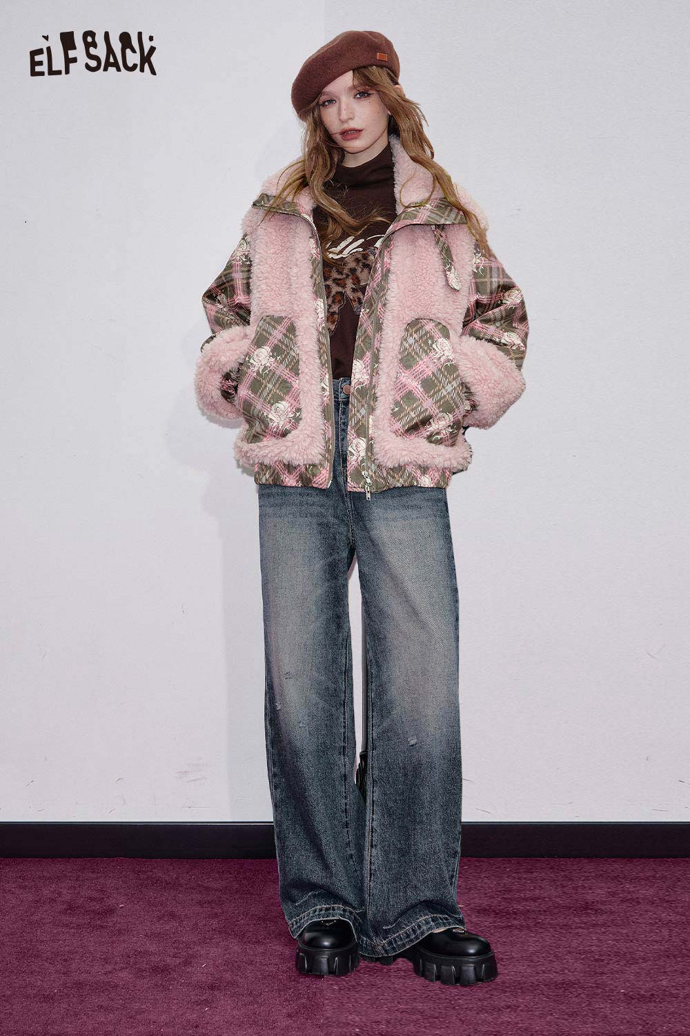 ELFSACK Wool Blend Boucle Fabric with Plaid Floral Applique Coat