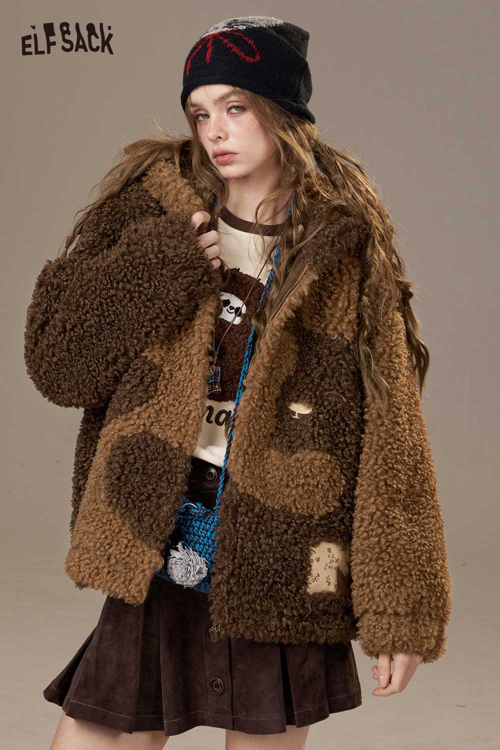 ELFSACK Wool Blend Faux Shearling Lining Color Block Design Hooded Coat