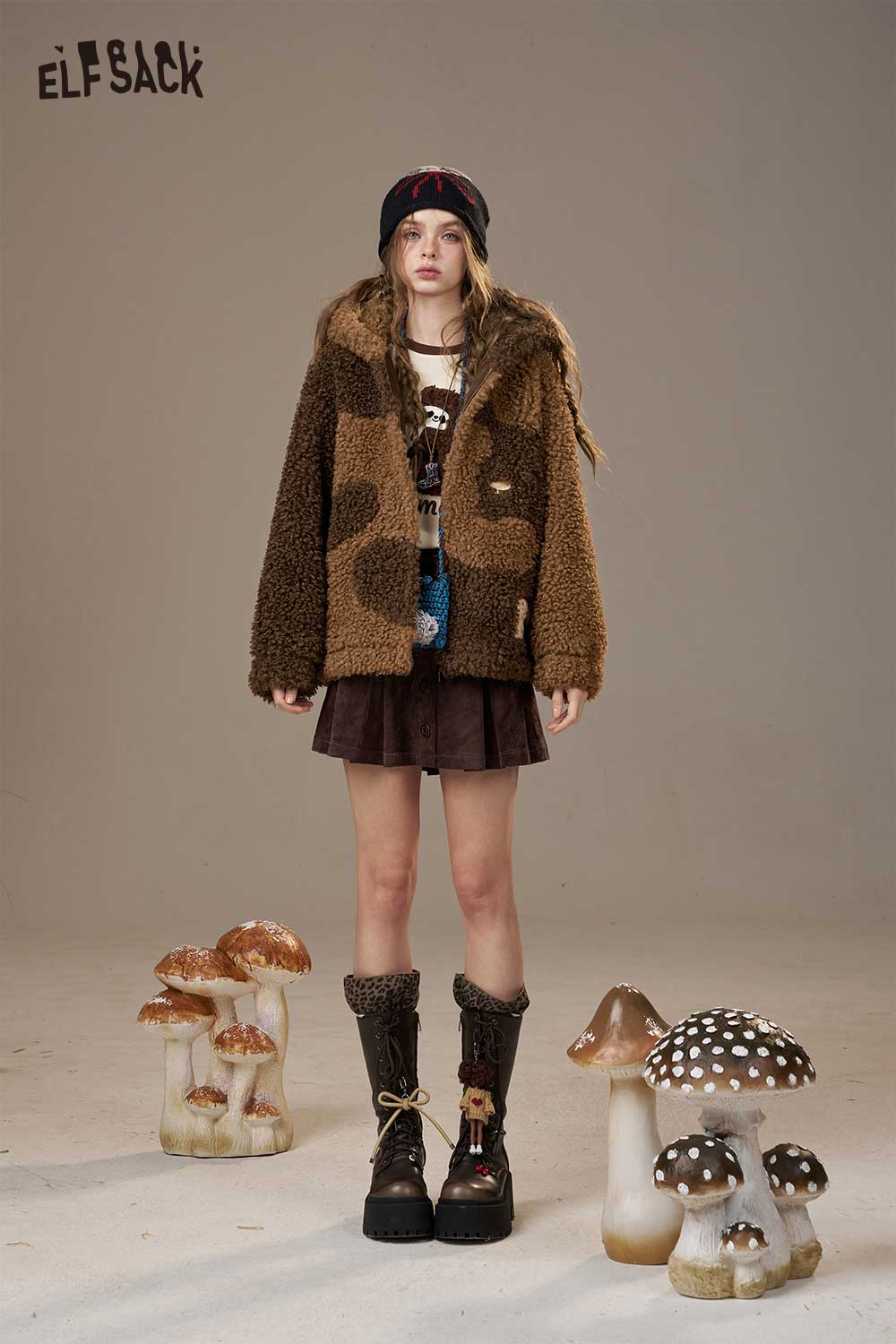 ELFSACK Wool Blend Faux Shearling Lining Color Block Design Hooded Coat