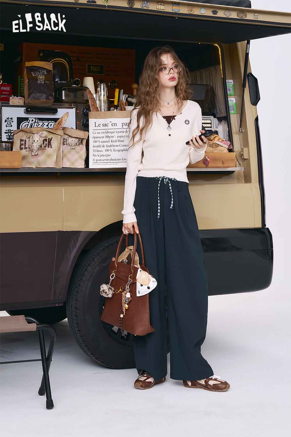 ELFSACK Street Style Plaid Patchwork Wide-Leg Pants