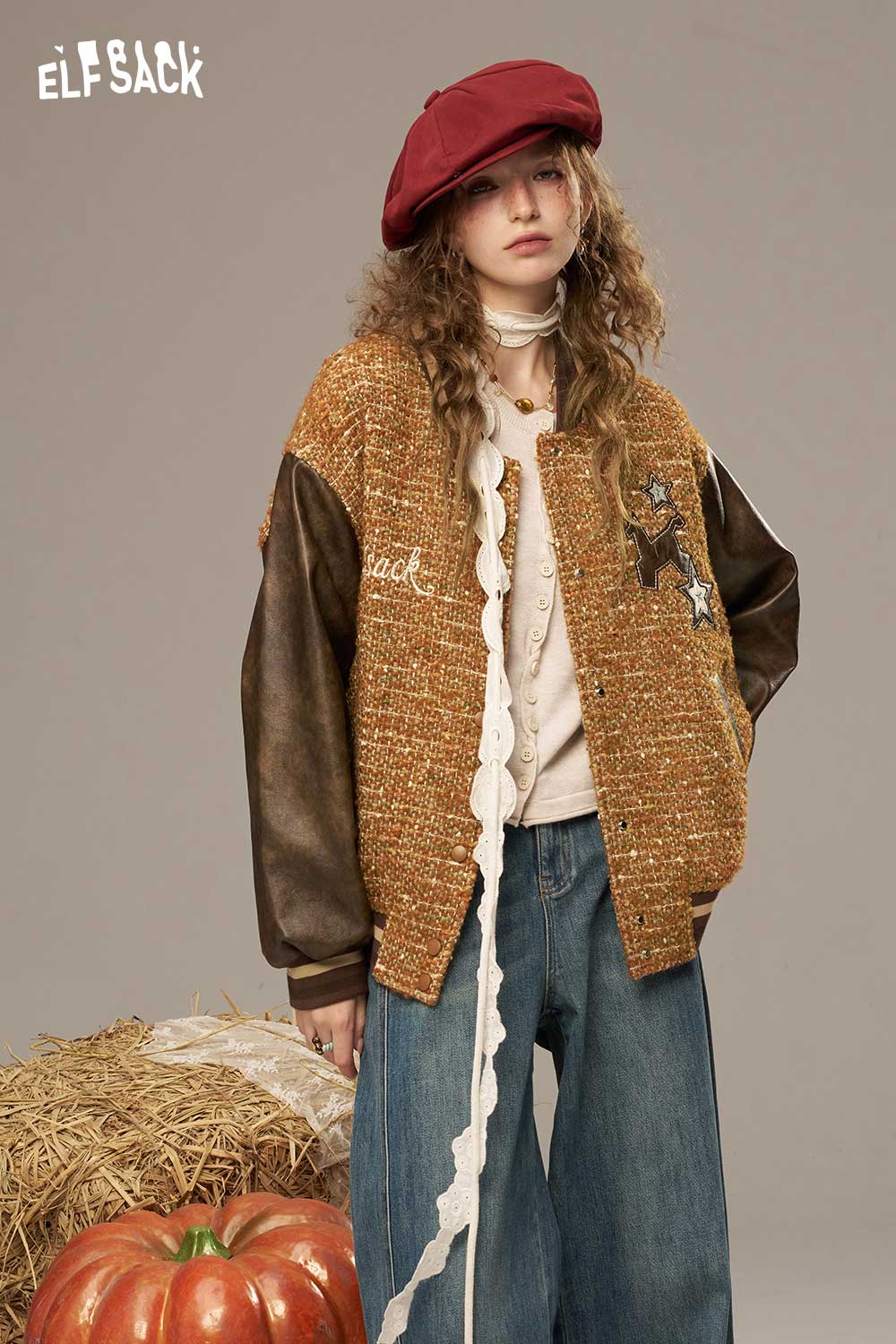 ELFSACK Wool Leather Applique Embroidery Raglan Sleeve Hybrid Jacket