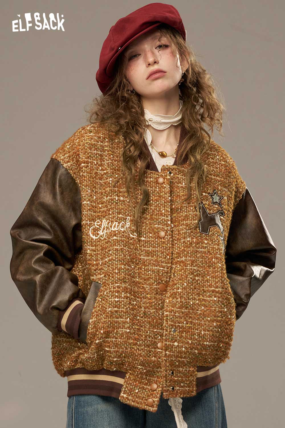 ELFSACK Wool Leather Applique Embroidery Raglan Sleeve Hybrid Jacket