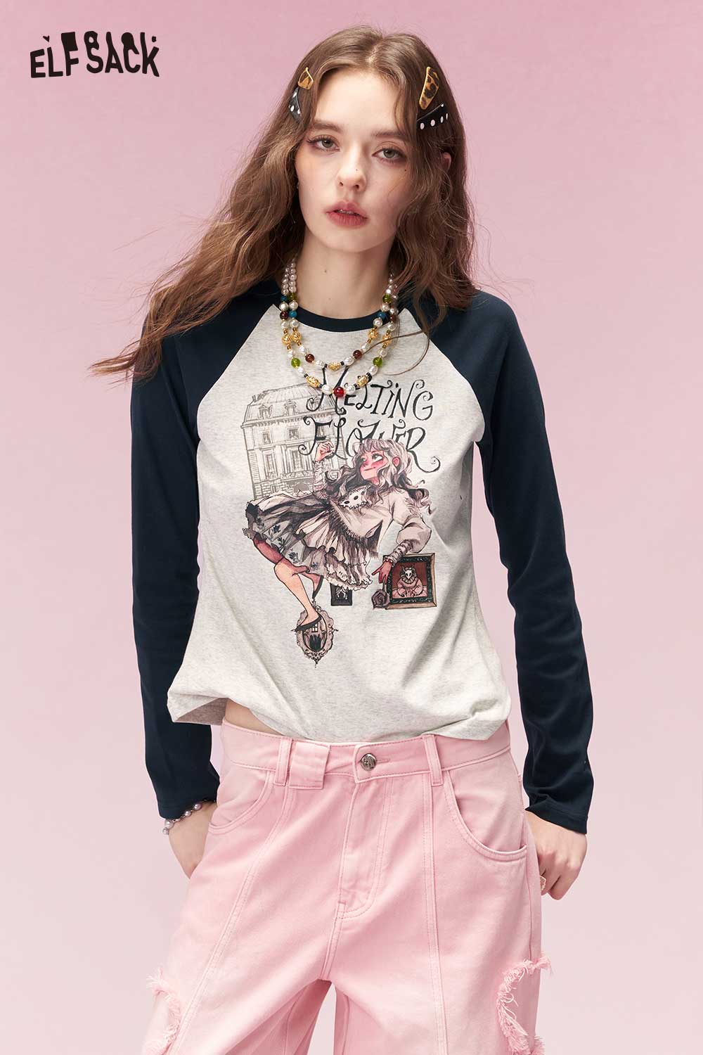 ELFSACK Y2K Contrast Sleeve Fitted Long Sleeve Tshirt