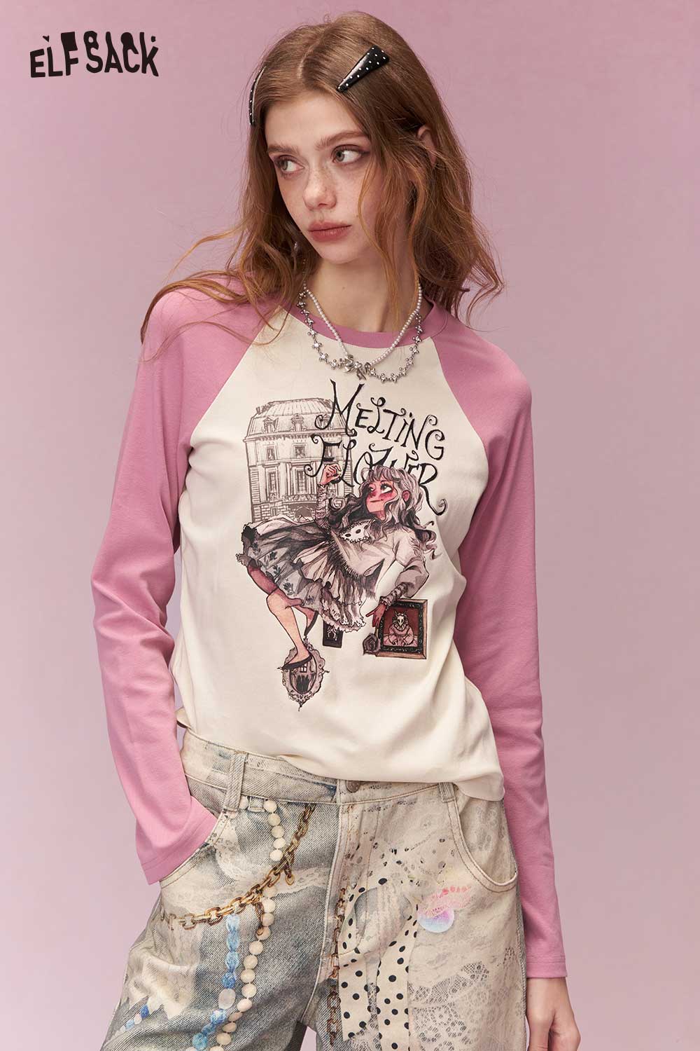 ELFSACK Y2K Contrast Sleeve Fitted Long Sleeve Tshirt