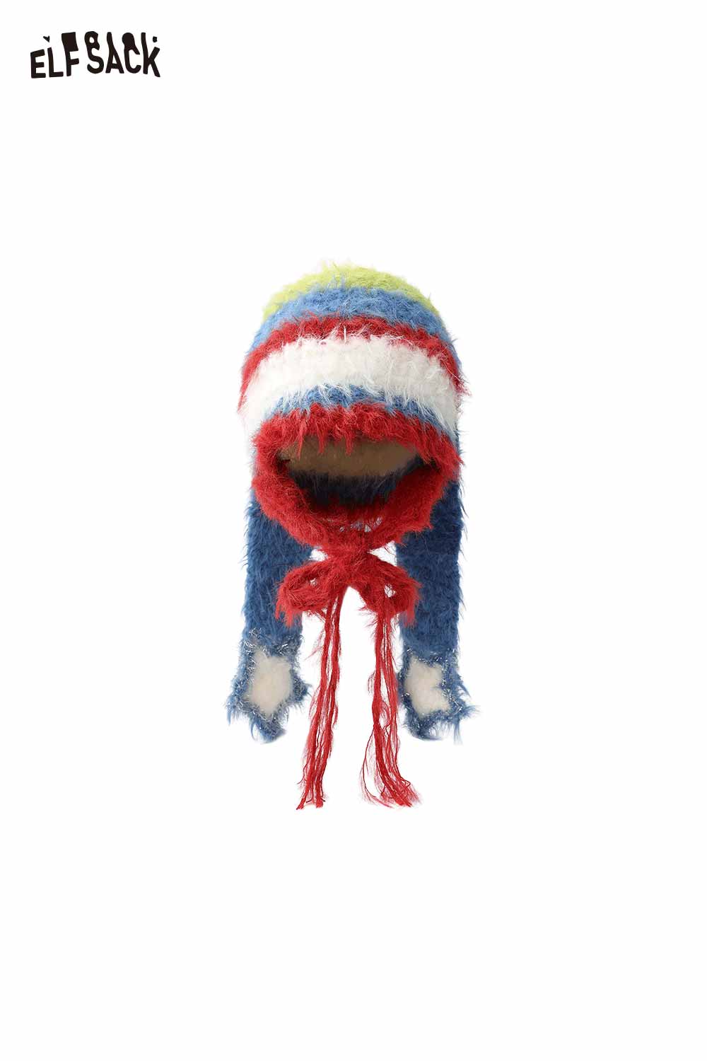 ELFSACK Y2K Cute Color Block Striped Bunny Ear Braid Knit Beanie