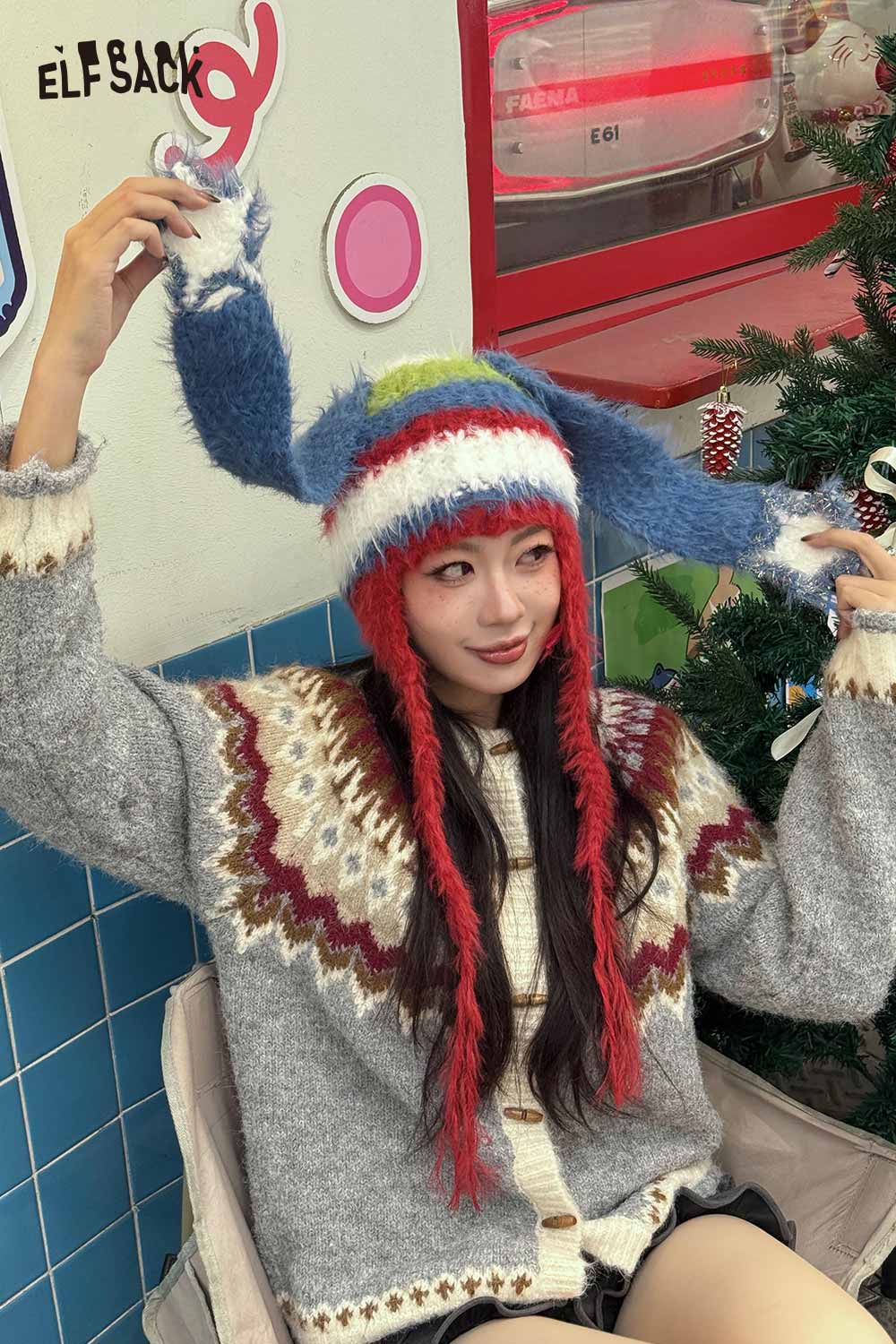ELFSACK Y2K Cute Color Block Striped Bunny Ear Braid Knit Beanie
