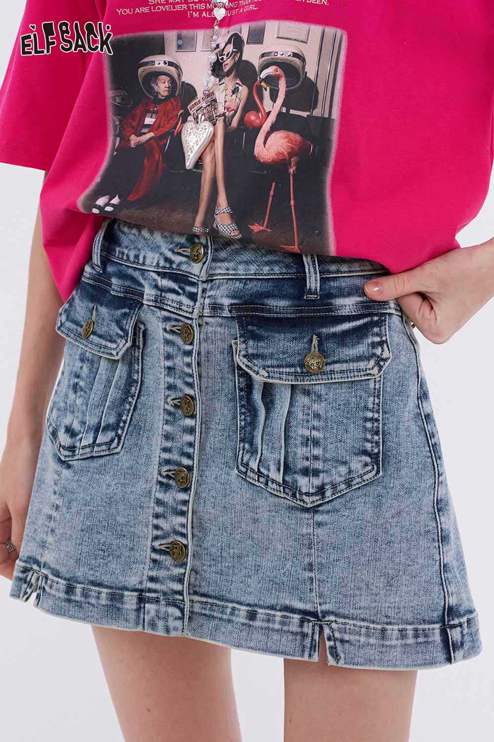 ELFSACK Y2K Denim Mini Skirt with Cargo Pockets