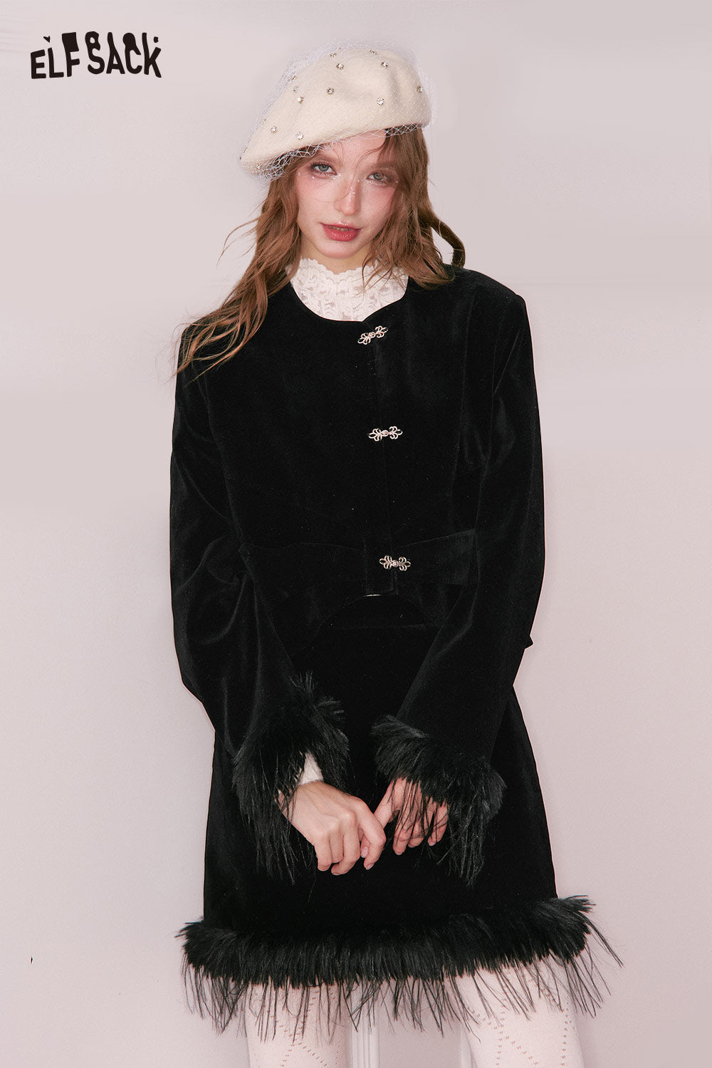 ELFSACK Elegant Button Plush Cuff Jacket Fringe Hem Short Skirt Set