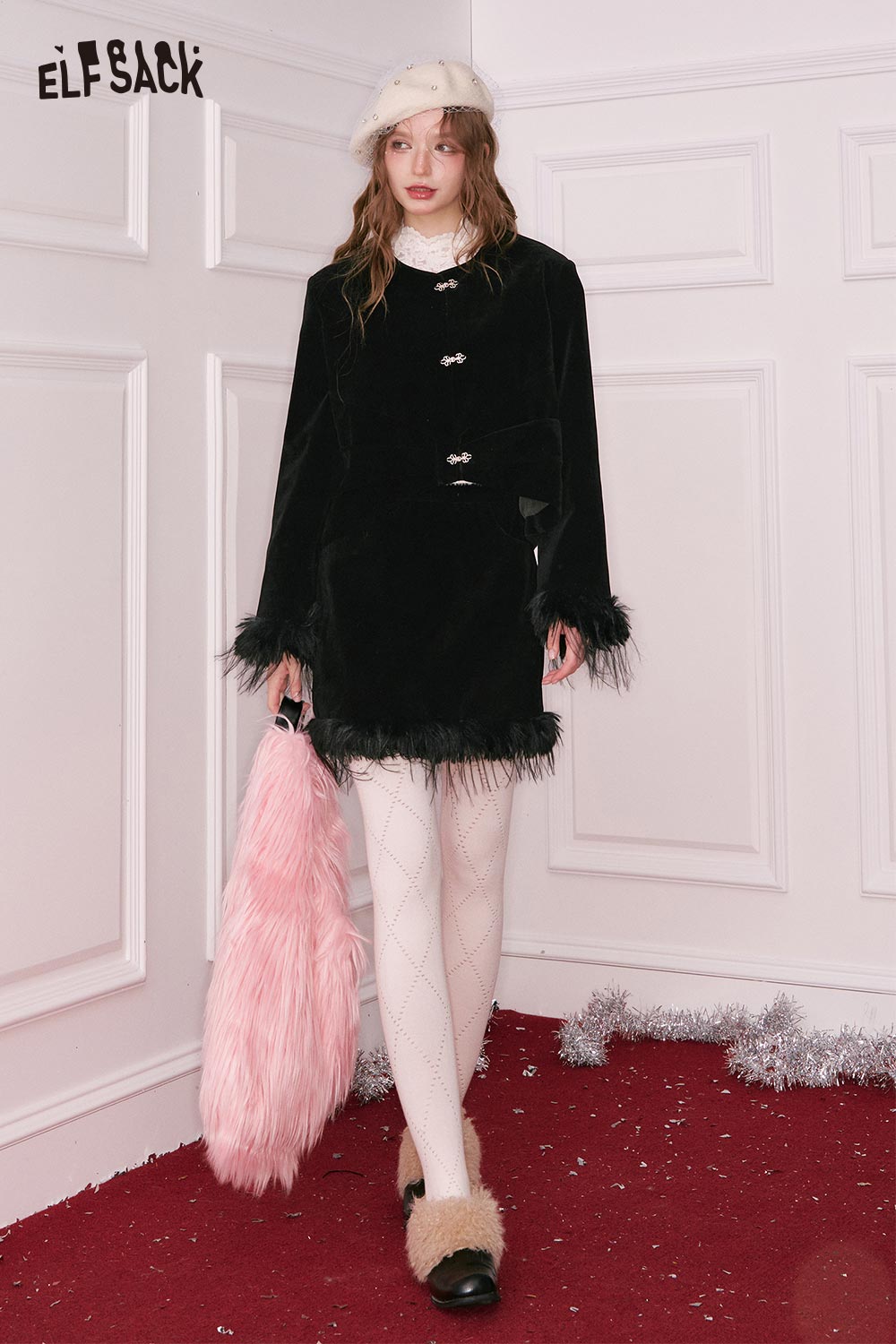 ELFSACK Elegant Button Plush Cuff Jacket Fringe Hem Short Skirt Set