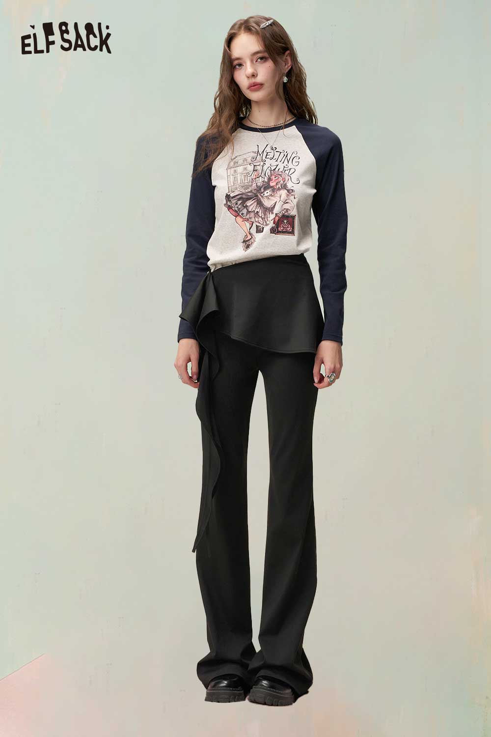 ELFSACK Y2K Flare Pants with Detachable Front Skirt