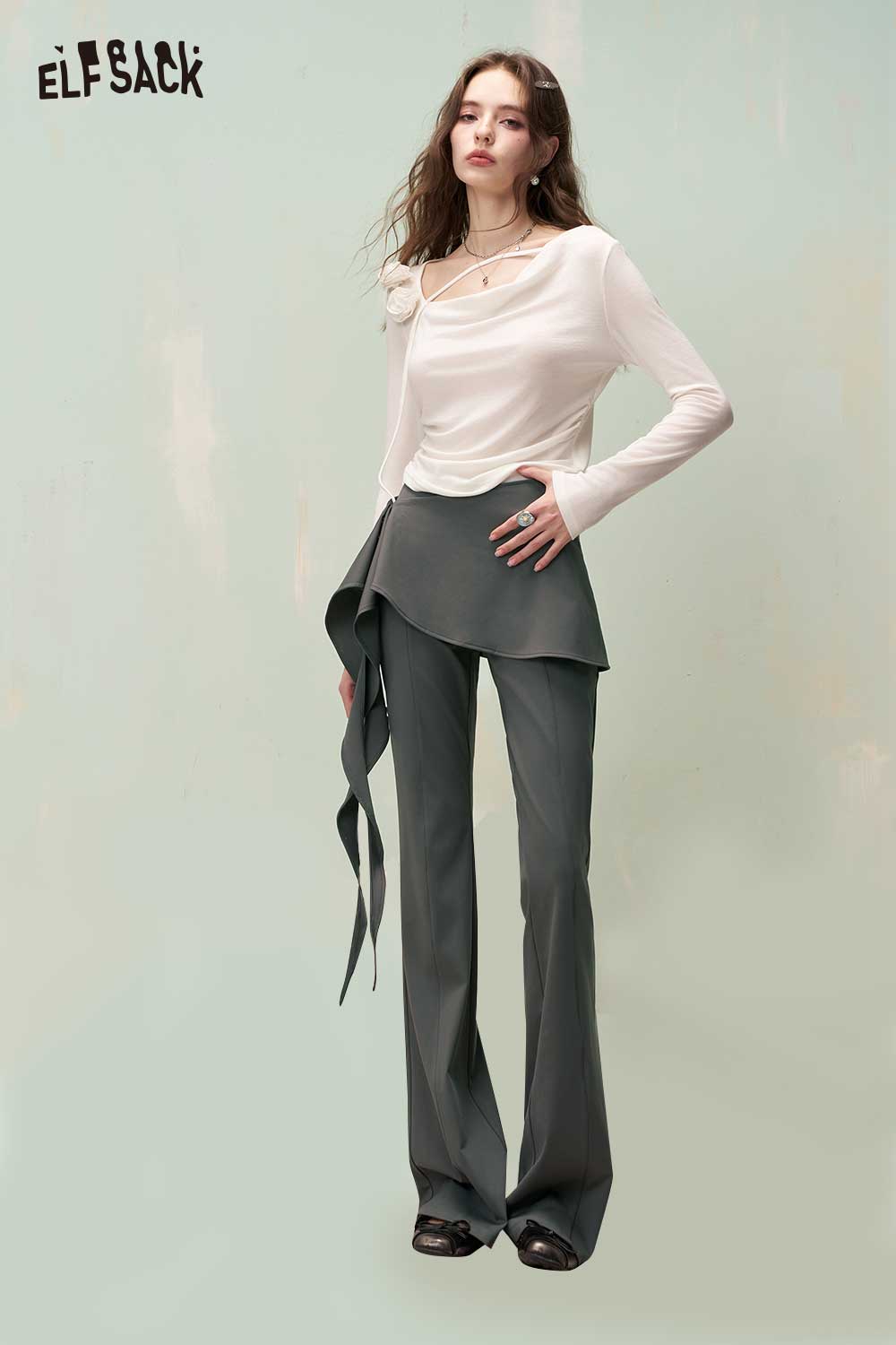 ELFSACK Y2K Flare Pants with Detachable Front Skirt