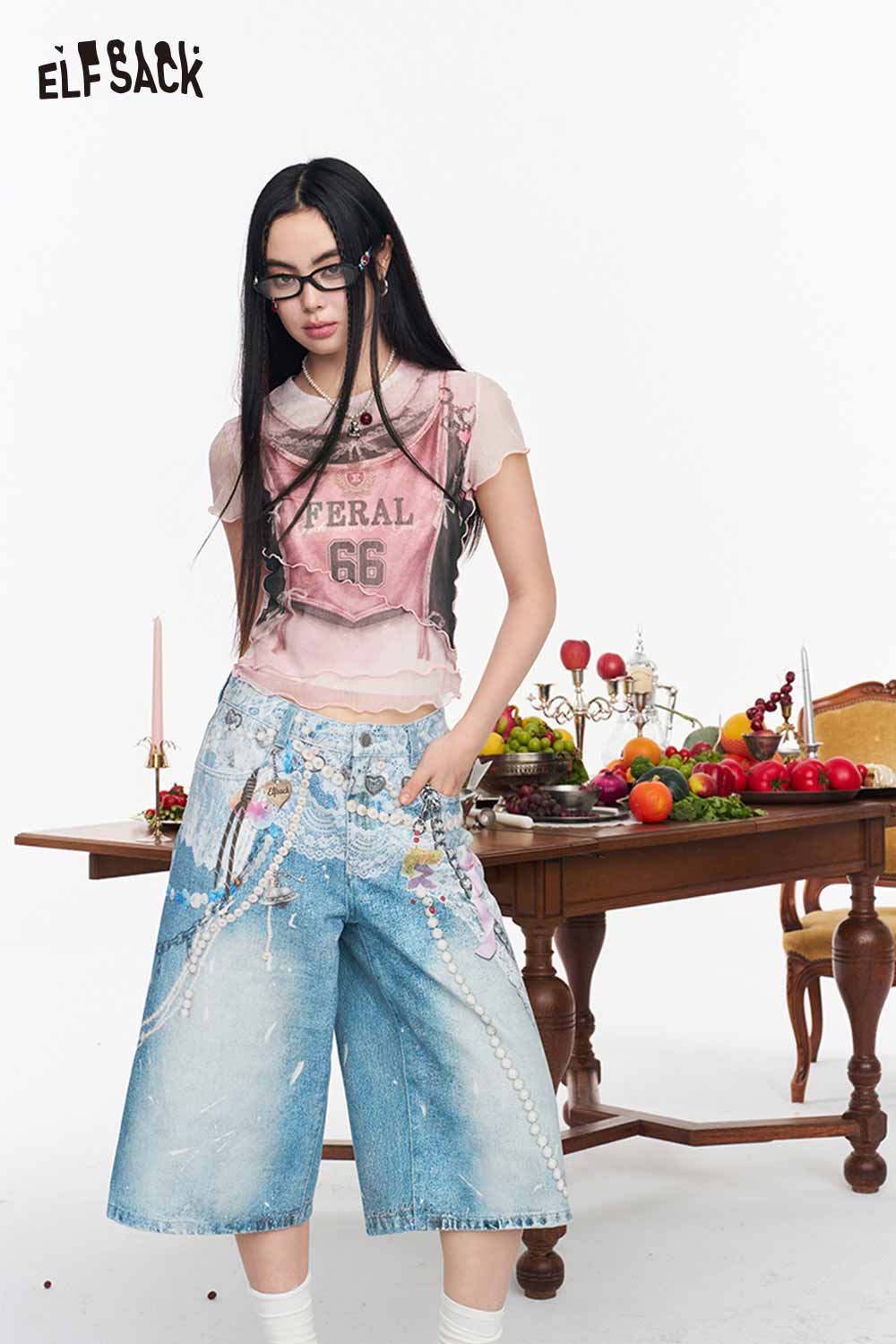 ELFSACK Y2K Lace Pearl Print High Waist Denim Shorts