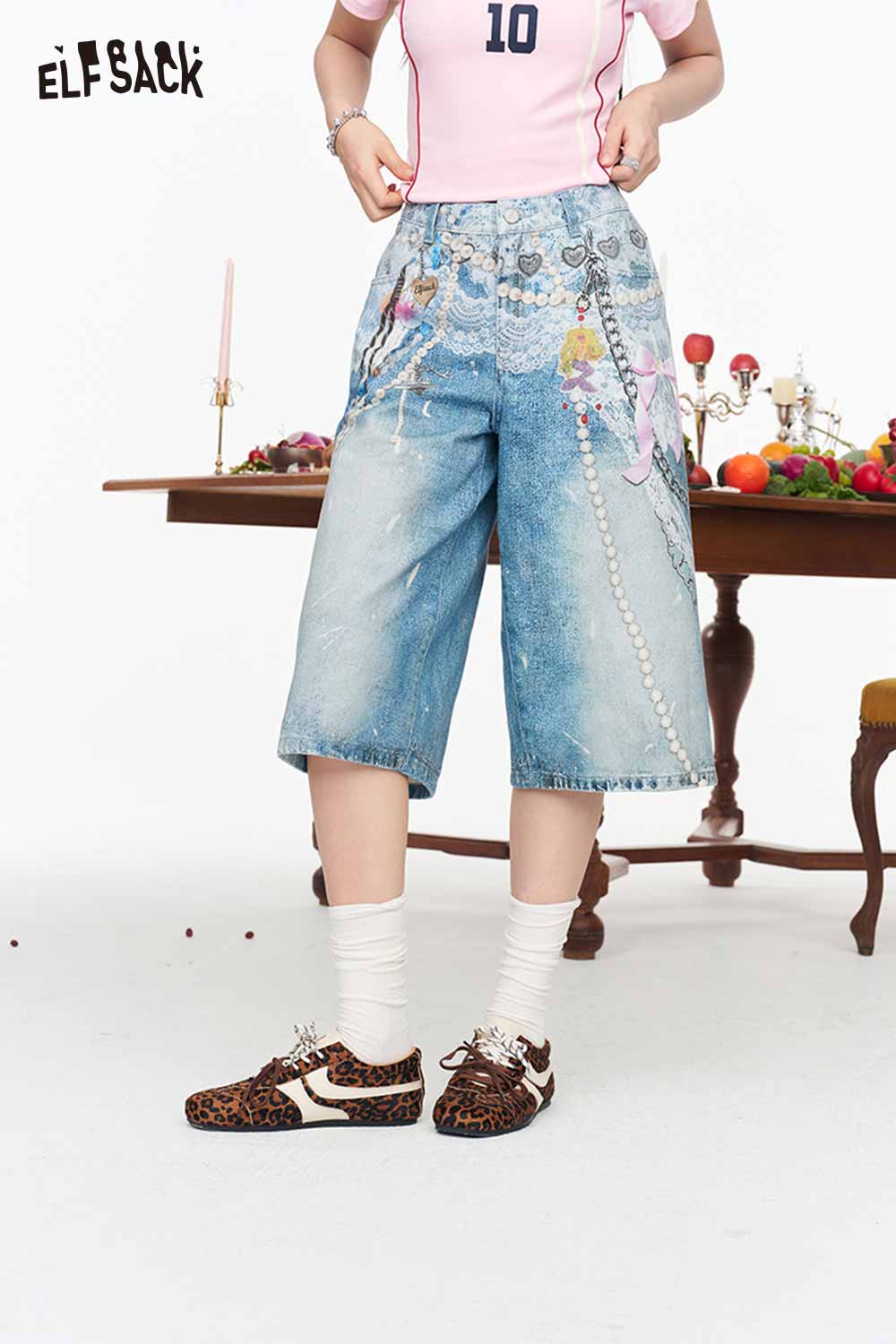 ELFSACK Y2K Lace Pearl Print High Waist Denim Shorts