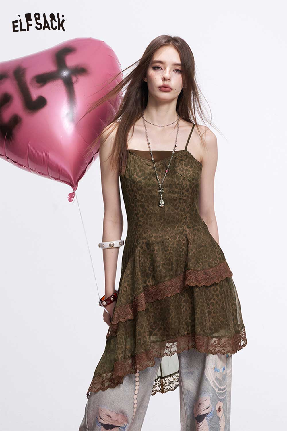 ELFSACK Y2K Leopard Cami Dress with Layered Lace Trim