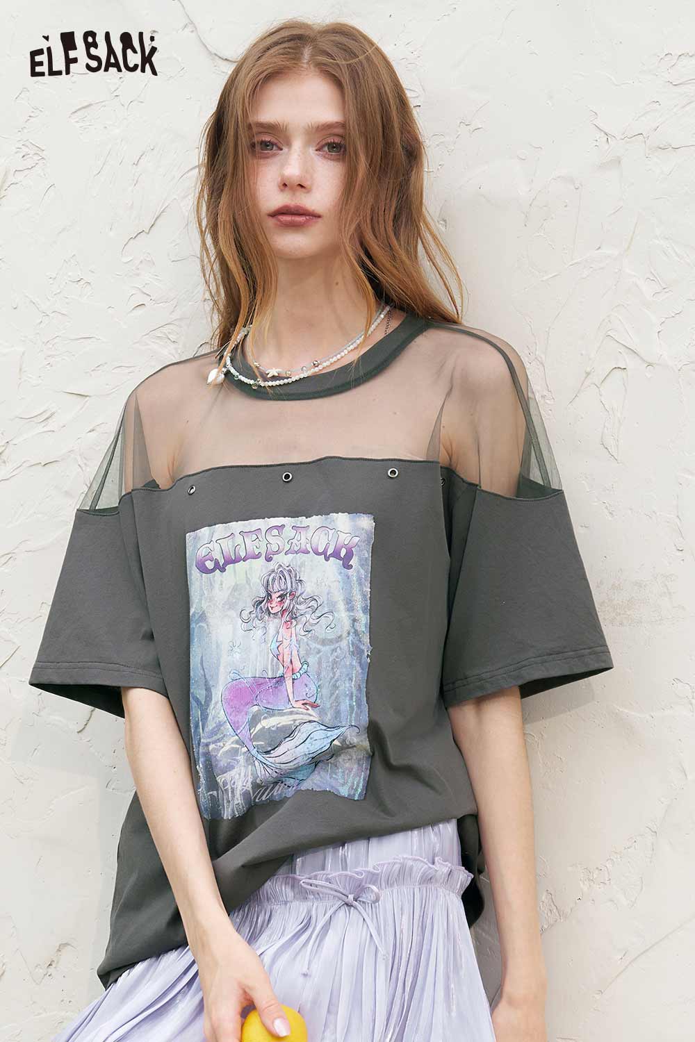 ELFSACK Y2K Mesh Patchwork Mermaid Print Tee