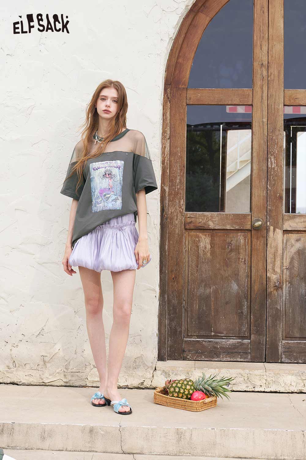 ELFSACK Y2K Mesh Patchwork Mermaid Print Tee