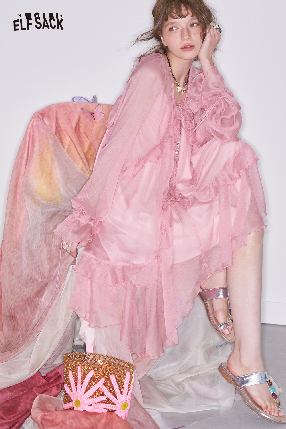 ELFSACK 2-Piece Sheer Ruffle Mini Dress