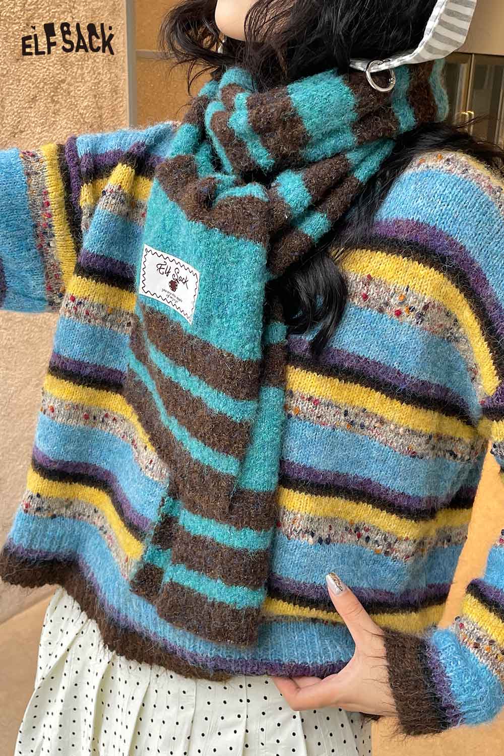ELFSACK Soft Y2K Stripe Neck Warmer Accessory
