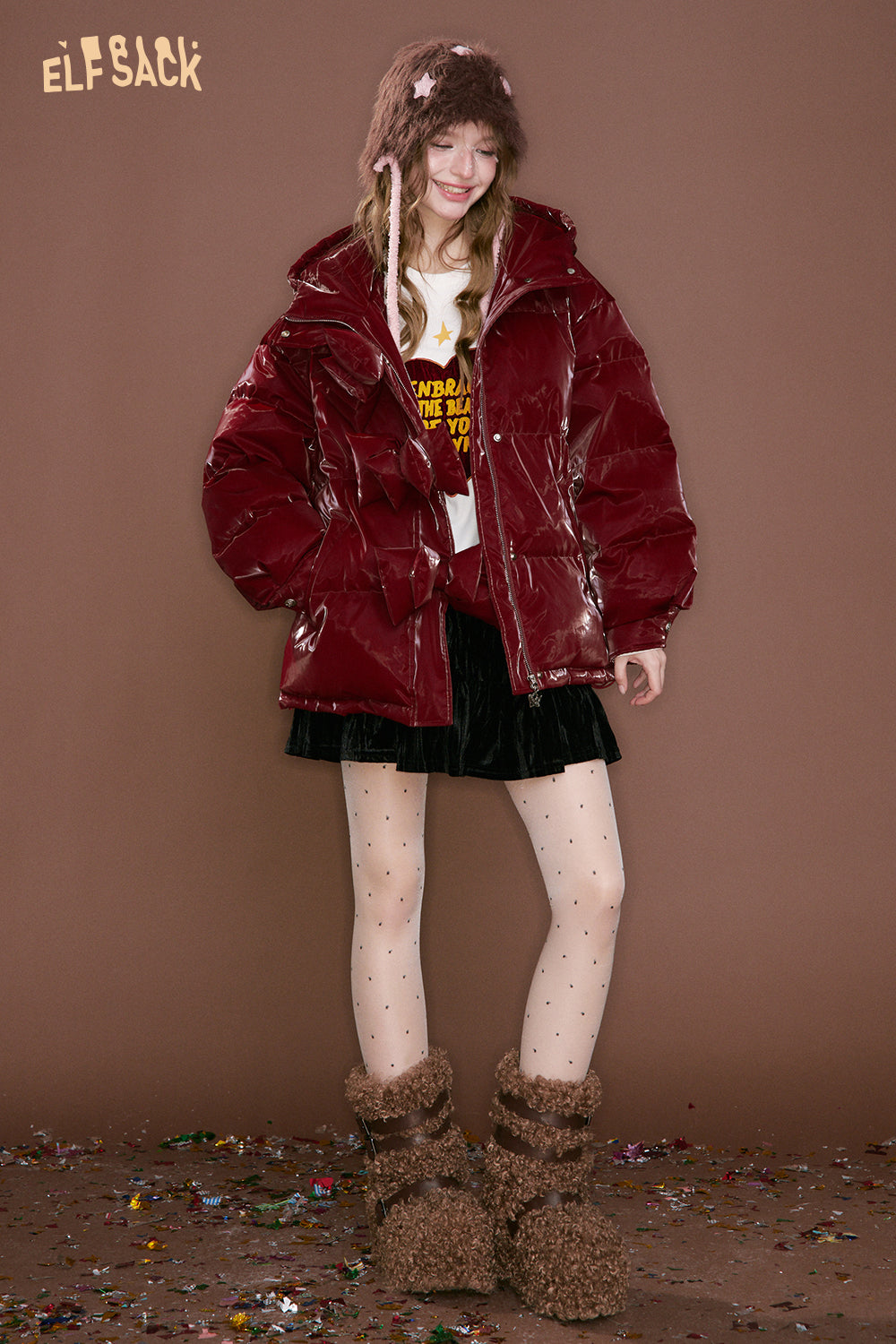 ELFSACK Y2K Unique Design Shiny Extra 3 Detachable Bows Embellishment Short Down Jacket
